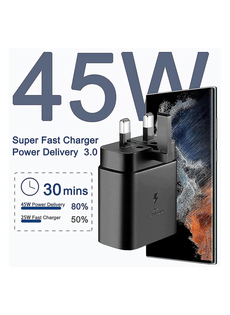 Youque - PD 45W Super Fast Charger USB-C Power Adapter With USB C Charging Cable for Samsung Galaxy S25 Ultra, S24 Ultra, S23 Ultra, S22 Ultra, A16, A15, A55  Black - Image 1