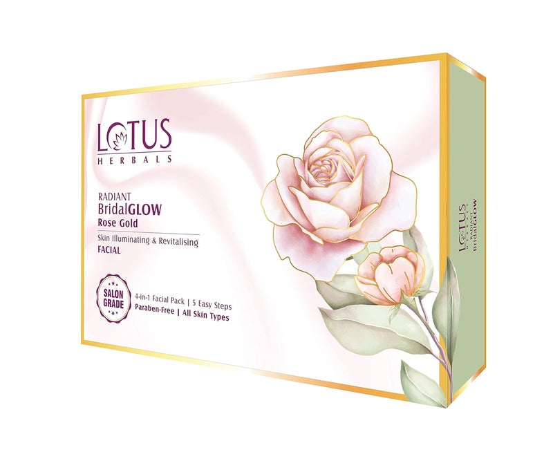 LOTUS HERBALS Lotus Herbals Radiant BridalGLOW Rose Gold Skin Illuminating Facial Kit 5 Easy Steps Paraben Free Salon Grade All Skin Types Pack of 4 228g  - Image 1