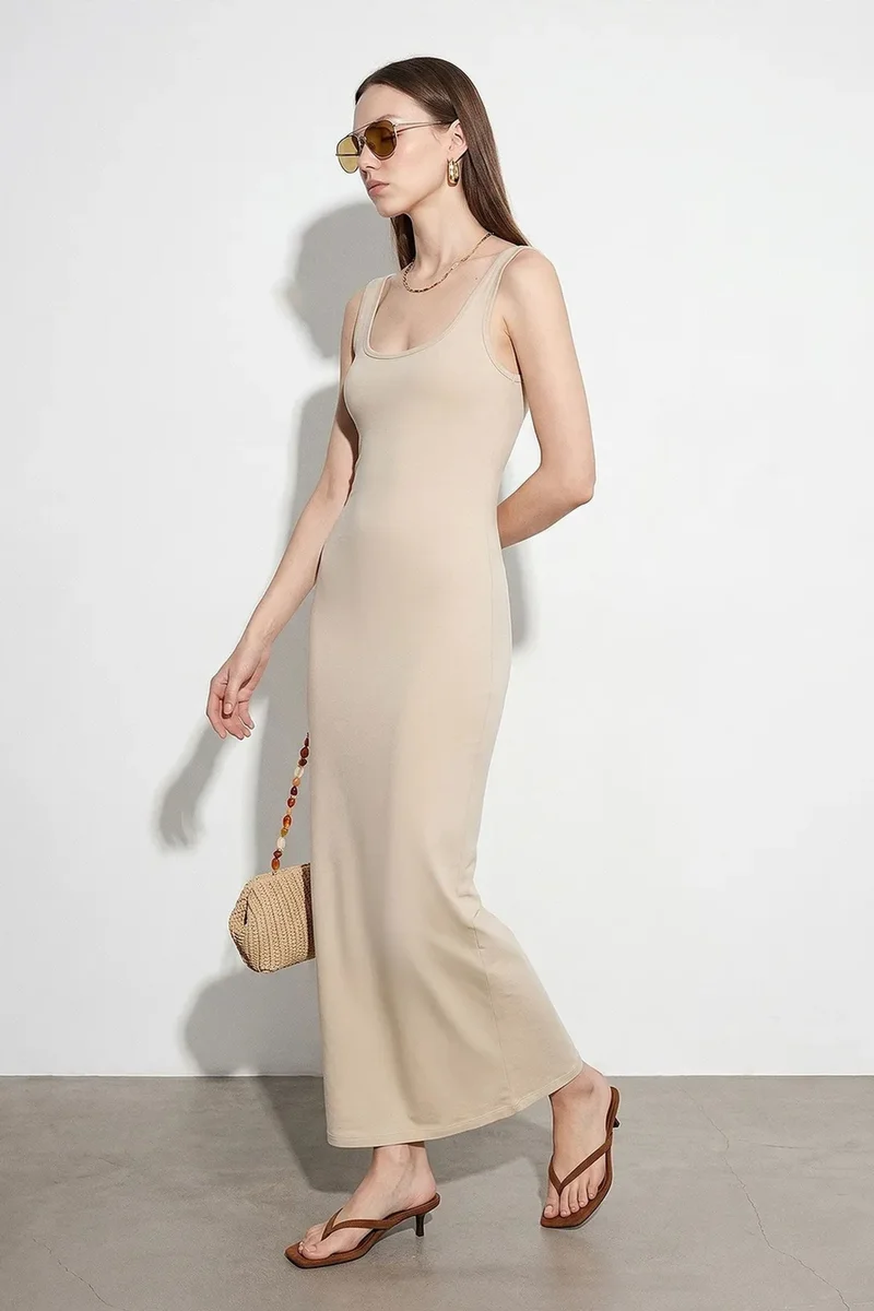 Dilvin Beige Natural DILVIN Sleeveless Bodycon Midi Dress for Women | Best Price UAE