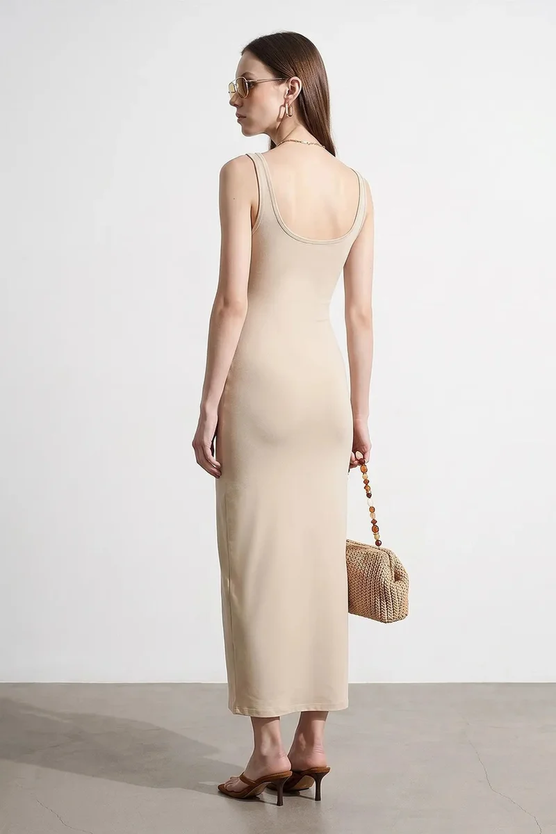 Dilvin Beige Natural DILVIN Sleeveless Bodycon Midi Dress for Women | Best Price UAE