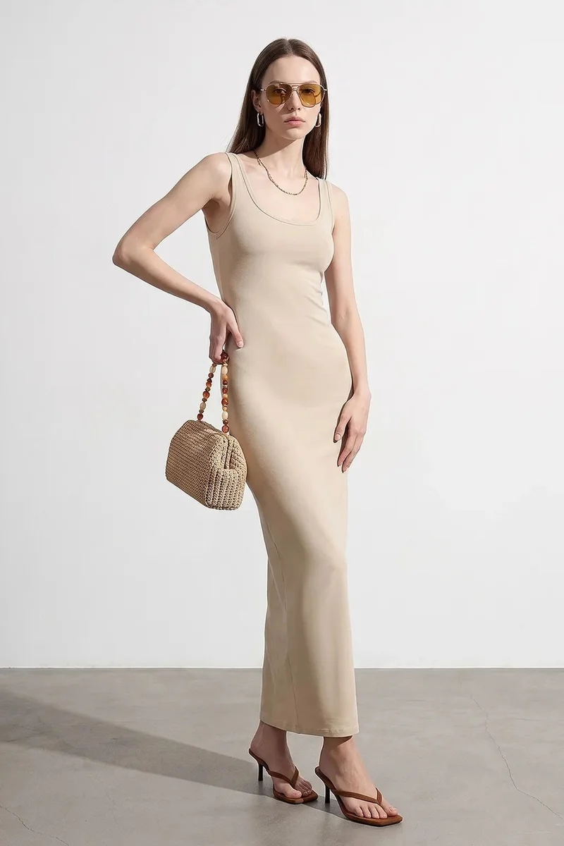 Dilvin Beige Natural DILVIN Sleeveless Bodycon Midi Dress for Women | Best Price UAE