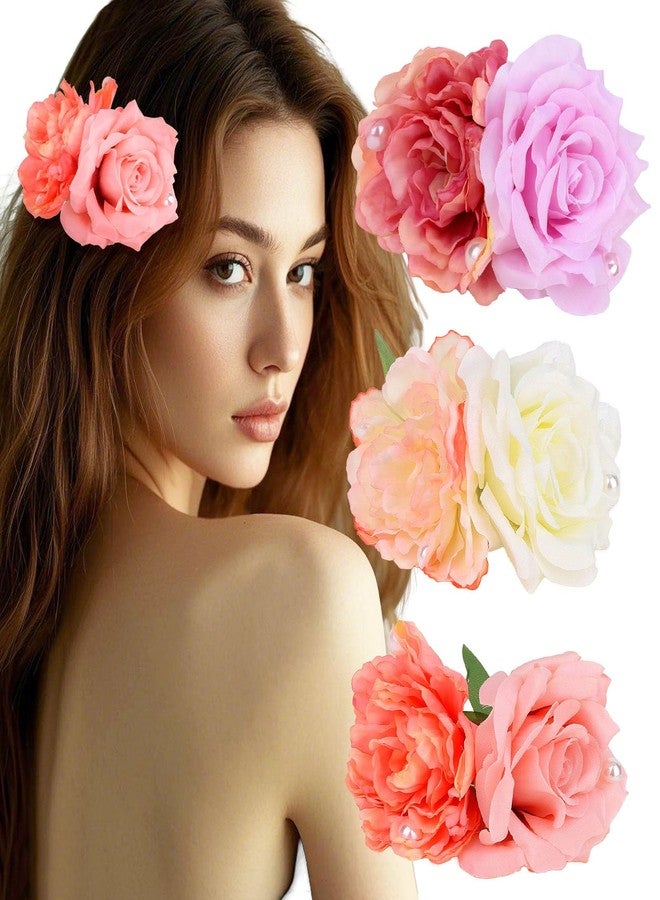 CURASA Hawaiian Flower Hair Clips 3PCS Artificial Peony Pearl Alligator Clips Flat Tropical Boho Headpiece Non slip Decorative Floral Hair Accessories For Styling Beach Party Outfits For Women Girls - Image 1