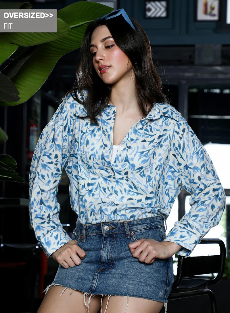 بينيا كولادا قميص نسائي واسع بطبعة أوراق شجر وياقة عادية وأكمام طويلة بأزرار وإغلاق بأزرار، قميص من قماش مزدوج منسوج بطبعة زهور للاستخدام اليومي والكاجوال، أزرق سماوي