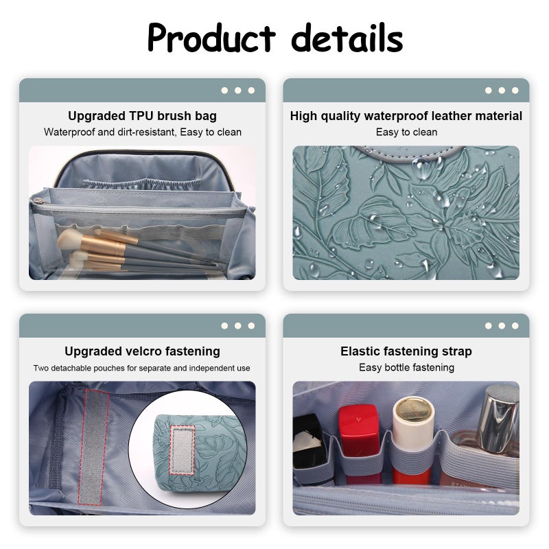BOYATU Travel Makeup Bags Cosmetic Organizer Bag: 3-Set Large Capacity Make up Bag - PU Leather Toiletry Bags for Women - Wide Open Portable Pouch with Divider & Handle (01-Light Blue) - Image 4