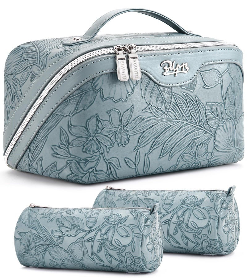 BOYATU Travel Makeup Bags Cosmetic Organizer Bag: 3 Pcs Set Large Capacity Floral Make up Bag with Compartments - Waterproof Leather Toiletry Bags with Handle for Women (01-Light Blue) - Image 1