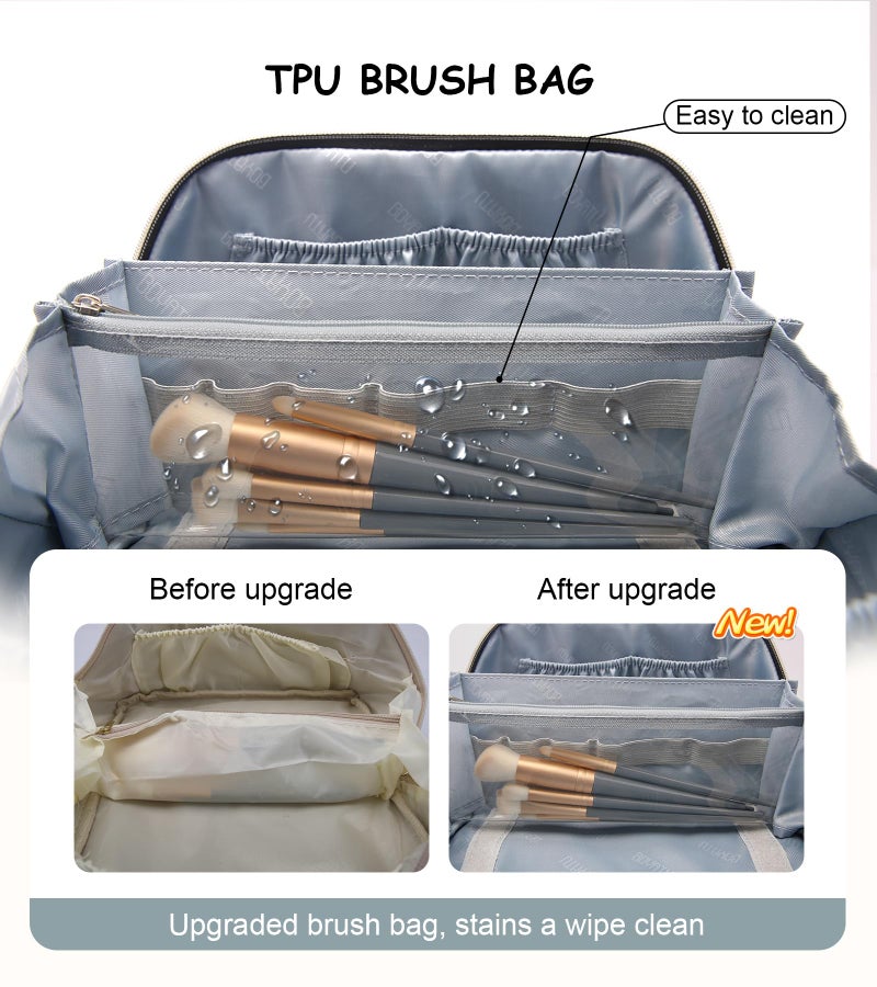 BOYATU Travel Makeup Bags Cosmetic Organizer Bag: 3 Pcs Set Large Capacity Floral Make up Bag with Compartments - Waterproof Leather Toiletry Bags with Handle for Women (01-Light Blue) - Image 4