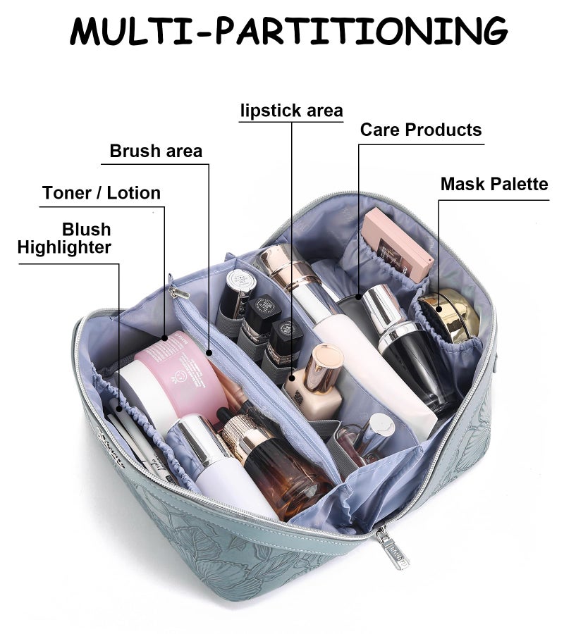 BOYATU Travel Makeup Bags Cosmetic Organizer Bag: 3 Pcs Set Large Capacity Floral Make up Bag with Compartments - Waterproof Leather Toiletry Bags with Handle for Women (01-Light Blue) - Image 3