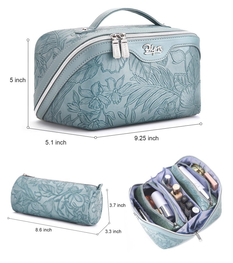 BOYATU Travel Makeup Bags Cosmetic Organizer Bag: 3 Pcs Set Large Capacity Floral Make up Bag with Compartments - Waterproof Leather Toiletry Bags with Handle for Women (01-Light Blue) - Image 2
