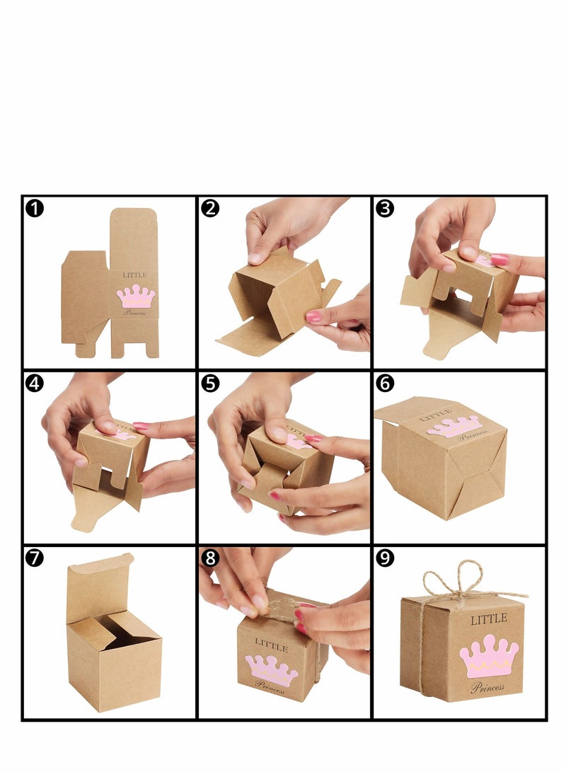 Excefore Baby Shower Favour Boxes (50 Pack) - 5 x 5 x 5cm / 2 x 2 x 2 Inches - Little Princess Rustic Kraft Paper Gift Boxes with Twine Bows - Girls Birthday Party Decoration/Gifting Supplies - Image 3
