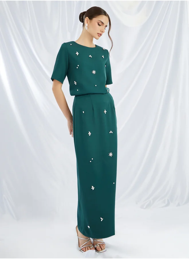 Styli Embellished Short Sleeve Top and Skirt Co-Ords