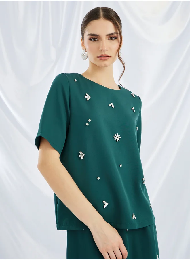 Styli Embellished Short Sleeve Top and Skirt Co-Ords