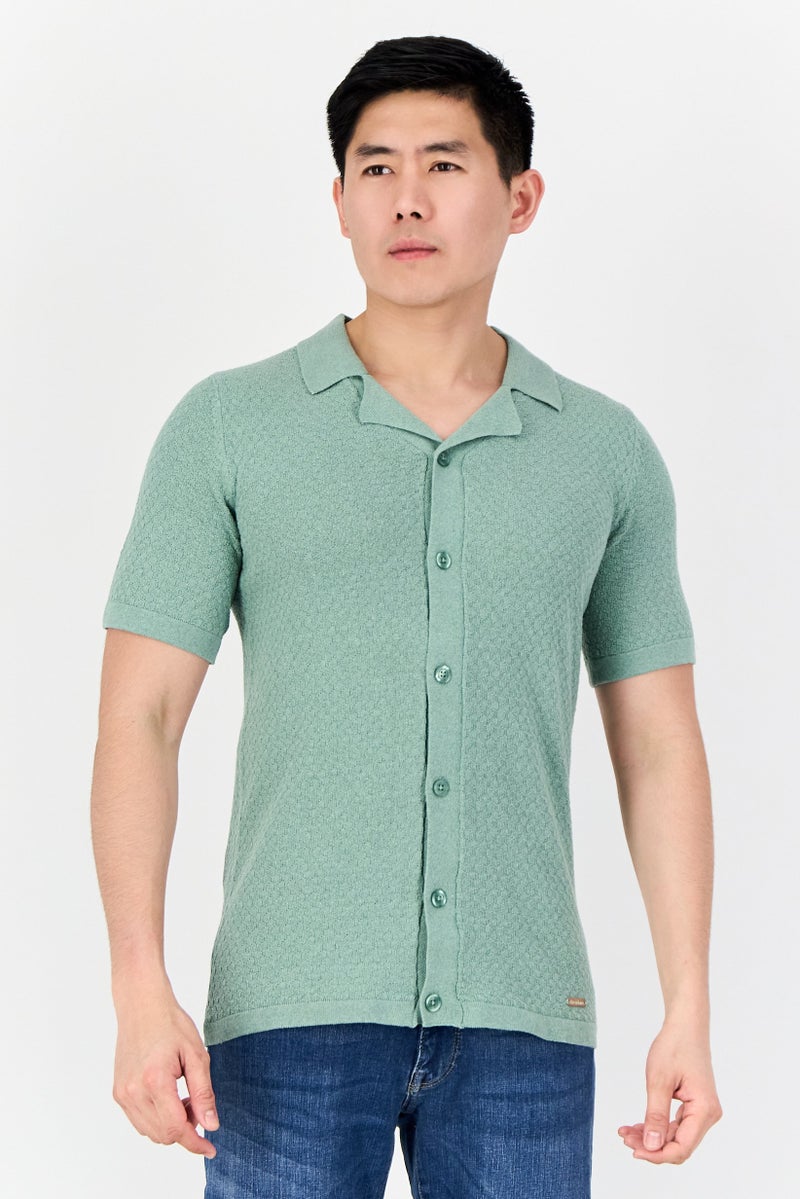 Threadbare Men Regular Fit Textured Short Sleeve Casual Shirt, Sage Green - Image 1