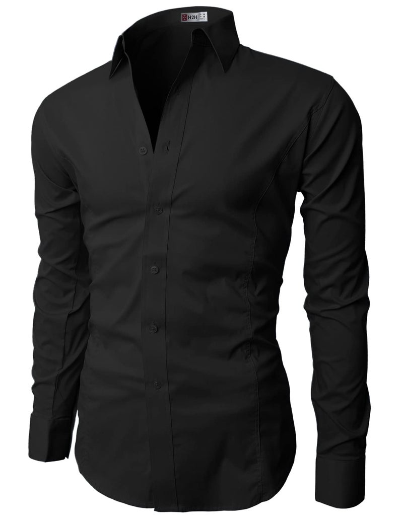H2H Mens Wrinkle Free Slim Fit Dress Shirts with Solid Long Sleeve BLACK US L (Asia XXL) (JASK14) - Image 3