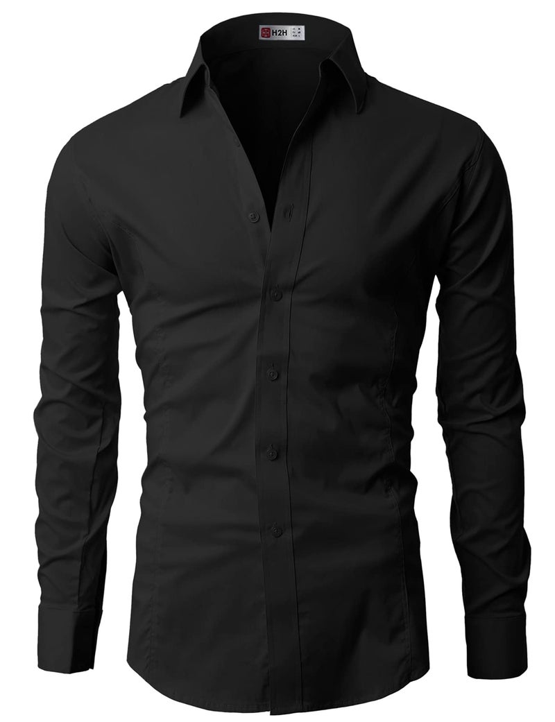 H2H Mens Wrinkle Free Slim Fit Dress Shirts with Solid Long Sleeve BLACK US L (Asia XXL) (JASK14) - Image 4