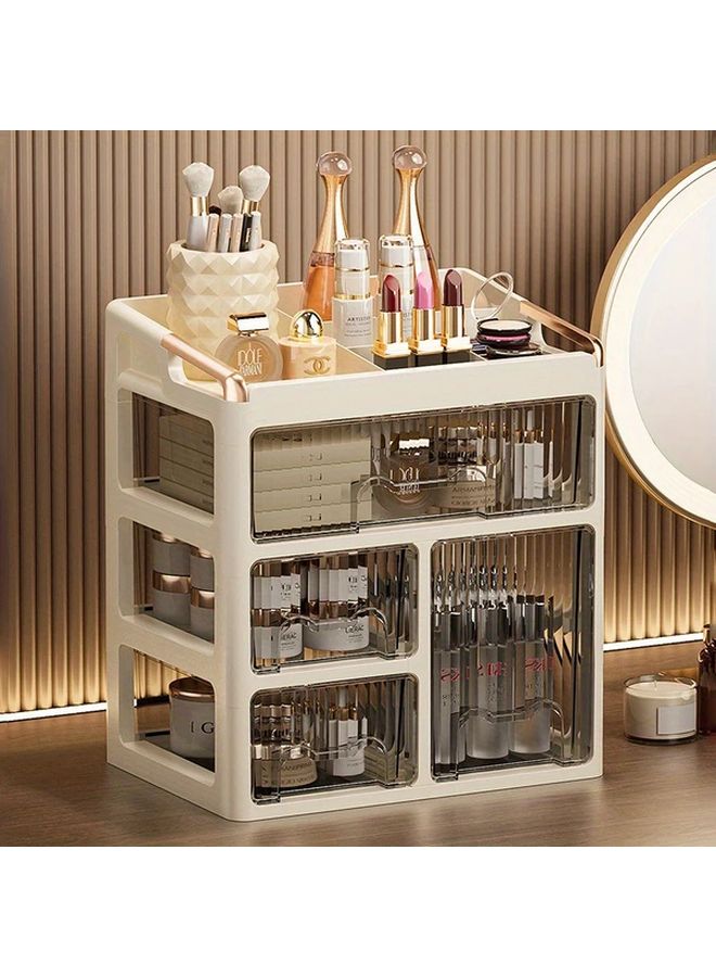 Three Layer Brown Cosmetic Organizer With Drawers Desktop Storage Box For Makeup Skincare Jewelry - Image 1