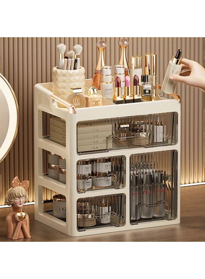 Three Layer Brown Cosmetic Organizer With Drawers Desktop Storage Box For Makeup Skincare Jewelry - Image 5