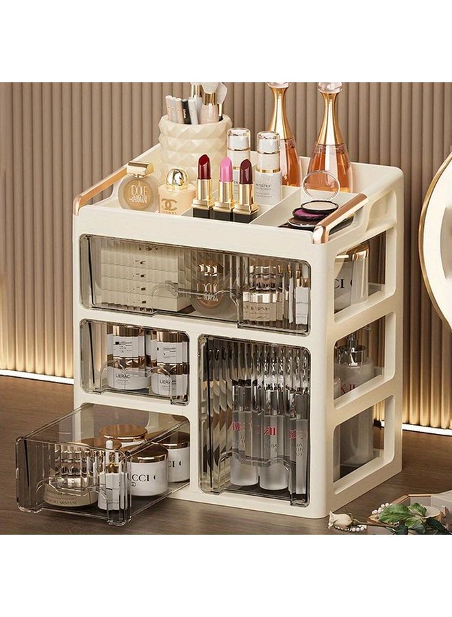 Three Layer Brown Cosmetic Organizer With Drawers Desktop Storage Box For Makeup Skincare Jewelry - Image 3
