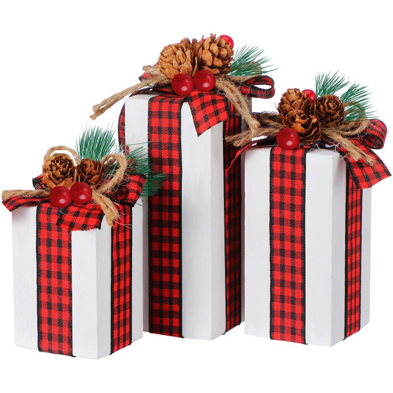 Glenmal 3 Pcs Christmas Table Centerpieces Christmas Table Decor Faux Present Wooden Blocks with Buffalo Plaid Bowknot Rustic Decoration for Holiday Xmas Tree Tiered TrayWhite