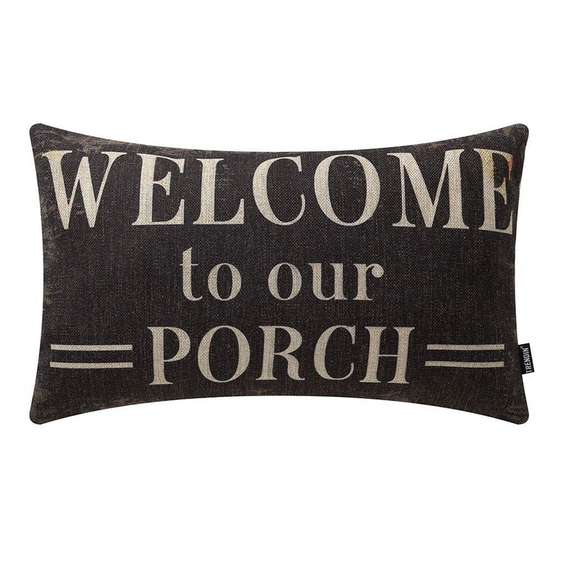 TRENDIN Decorative Throw Pillow Cover 20x12 inch Rustic Look Black Welcome to Our Porch Cushion Case Rectangular Shape PL347TR