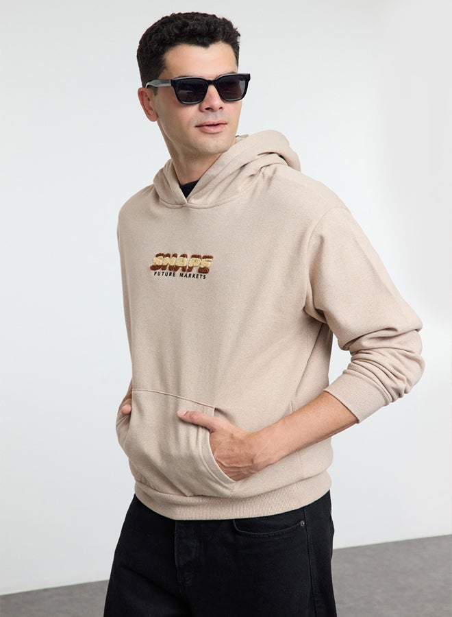 trendyol Mink Oversize/Wide Cut Text Printed Hooded Fleece Sweatshirt - Image 1