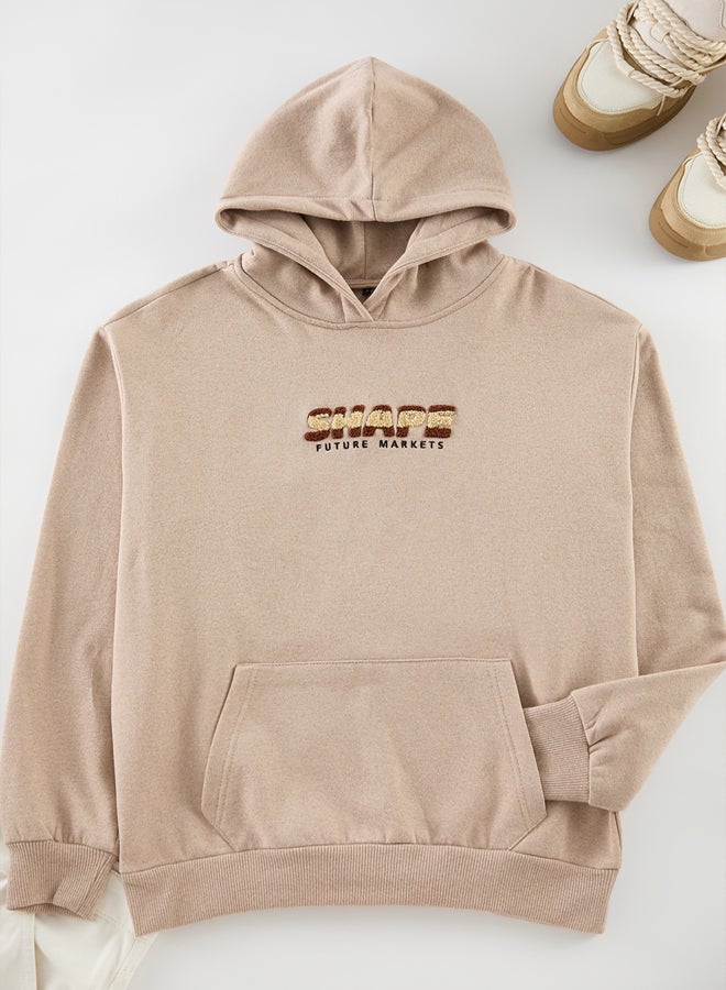 trendyol Mink Oversize/Wide Cut Text Printed Hooded Fleece Sweatshirt - Image 5