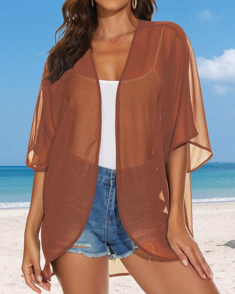 JILUVIN Womens Kimono Cardigans Beach Cover ups Swimwear Puff Sleeve Loose Casual Summer Tops (Caramel,L) - Image 2