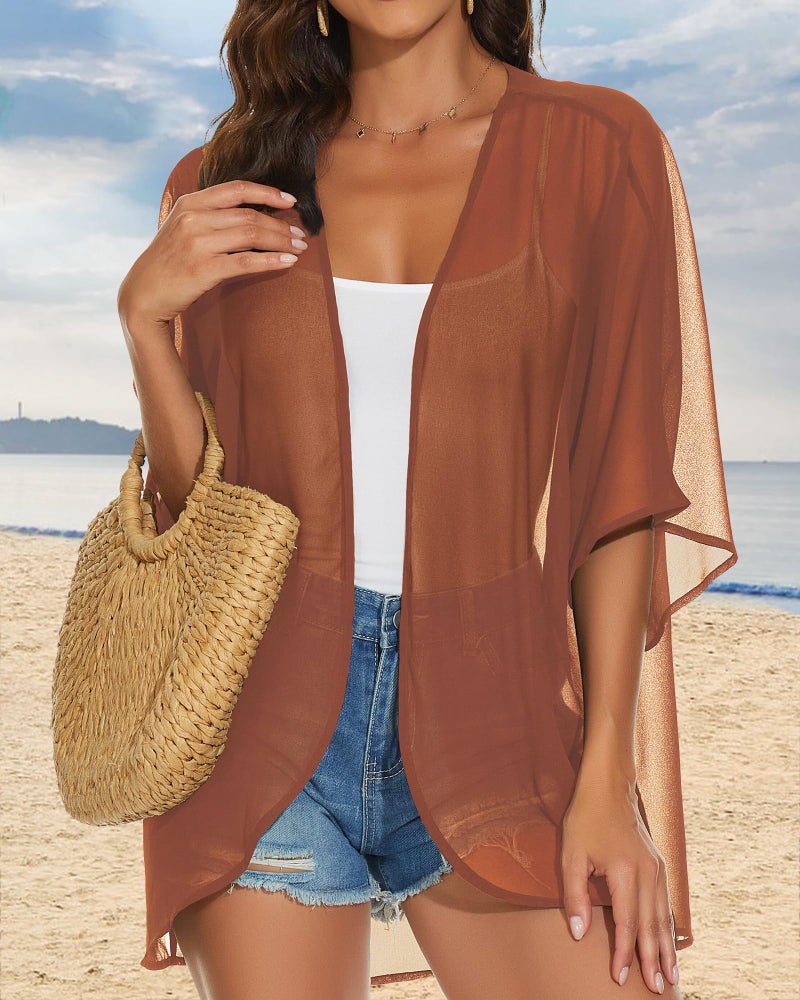 JILUVIN Womens Kimono Cardigans Beach Cover ups Swimwear Puff Sleeve Loose Casual Summer Tops (Caramel,L) - Image 3