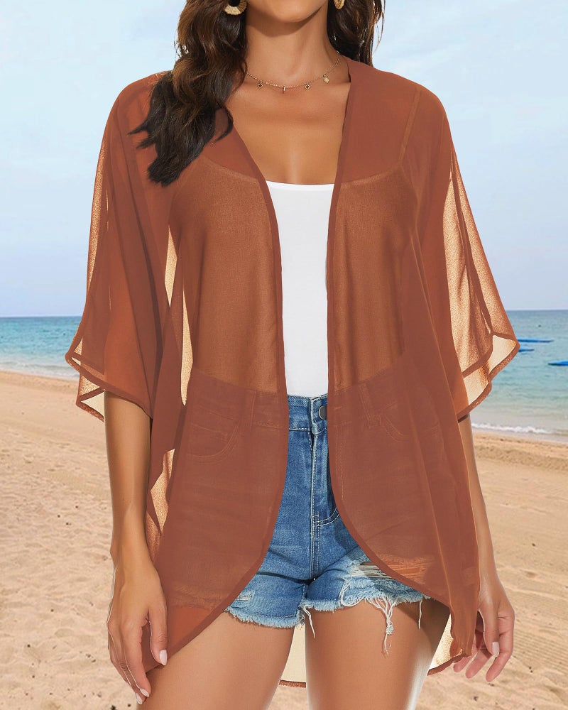 JILUVIN Womens Kimono Cardigans Beach Cover ups Swimwear Puff Sleeve Loose Casual Summer Tops (Caramel,L) - Image 5