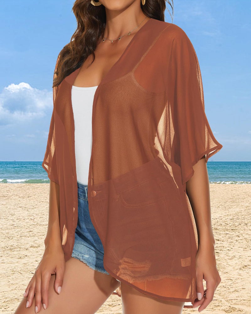 JILUVIN Womens Kimono Cardigans Beach Cover ups Swimwear Puff Sleeve Loose Casual Summer Tops (Caramel,L) - Image 4
