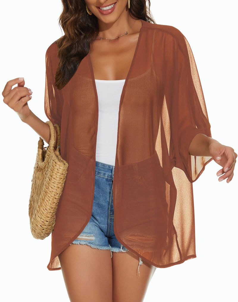 JILUVIN Womens Kimono Cardigans Beach Cover ups Swimwear Puff Sleeve Loose Casual Summer Tops (Caramel,L) - Image 1