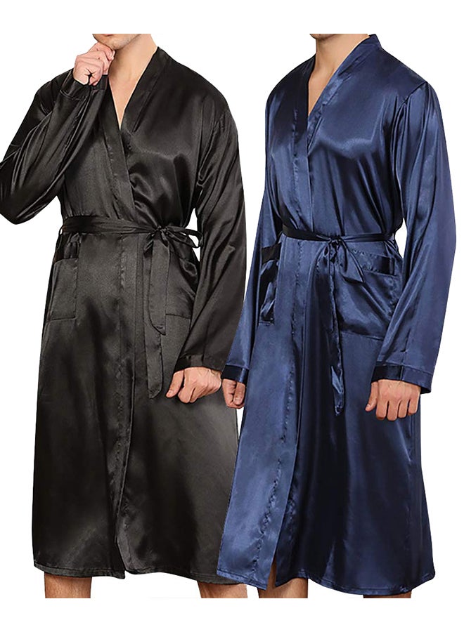 MARGOUN 2 Pack Men's XXL Size Dressing Gown Kimono Robe Lightweight Silk Long Sleeved Home Sleepwear Loungewear /(Length 50''/Chest 27'') - Image 3