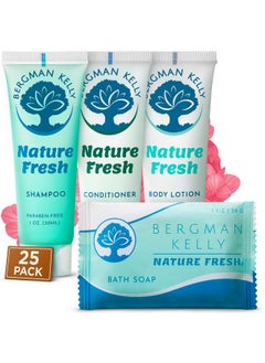 BERGMAN KELLY Hotel Toiletries Bundle (Nature Fresh, 1 Oz Each, 100 Pieces) 4-Piece Set: 25 Rectangular Bar Soap, 25 Shampoo, 25 Conditioner & 25 Body Lotion - Bulk Mini Guest Amenities  - Image 1