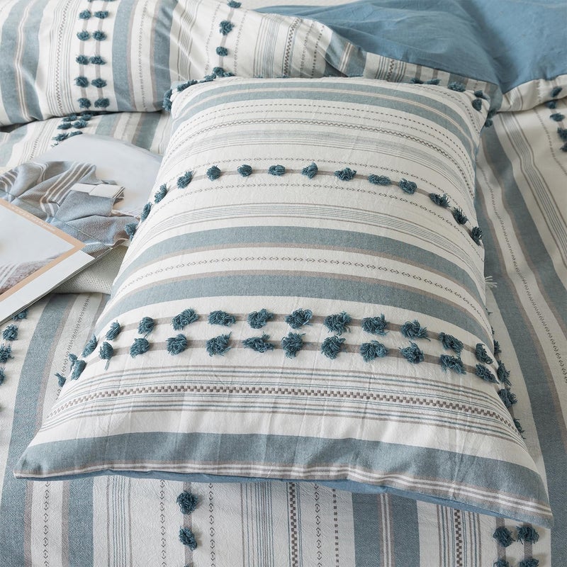 La Sheer Washed Cotton Full Size Duvet Cover Set - Tufted Dots Boho Chic Bedding for All Seasons, Striped Bohemain Bedding Linen Like Textured Breathable Durable Soft Comfy (Blue, 89''x90'') - Image 5