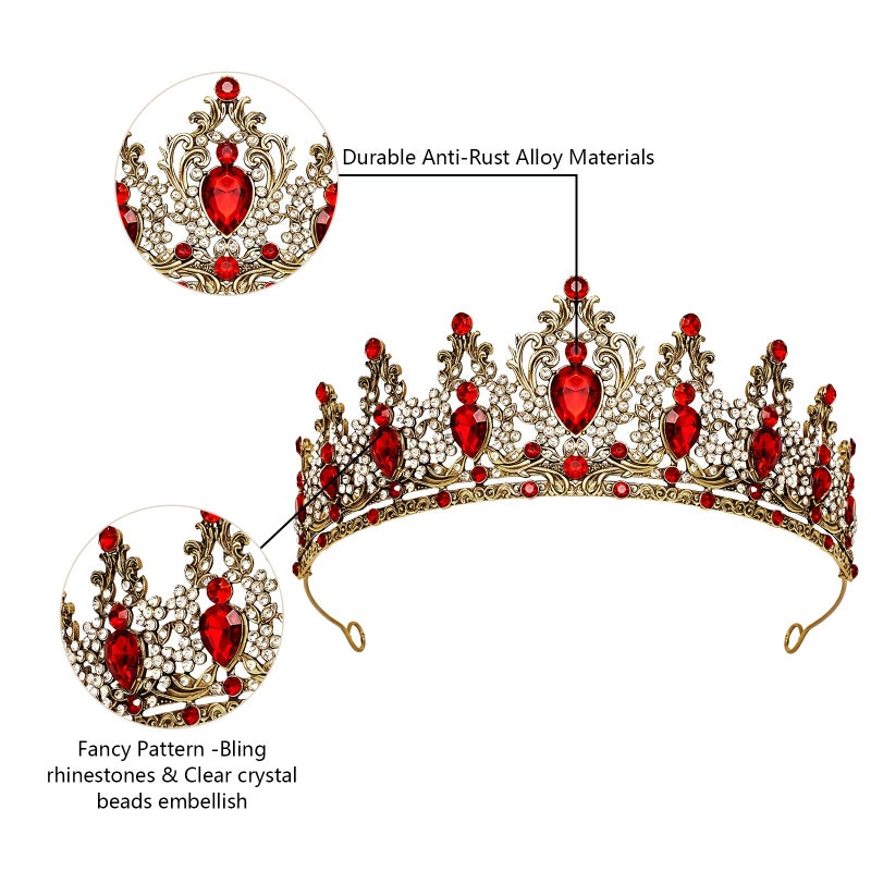 JITINX Tiaras Crown for Women, Queen Crown, Bridal for Tiaras Headband Wedding, Birthday Party Prom Princess Crystal Crowns Hair Accessories (Antique Gold Red) - Image 4
