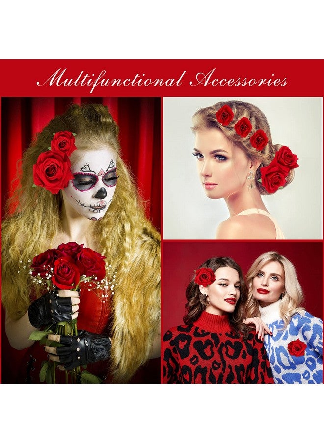 واي دريس 12 قطعة مشبك شعر على شكل زهرة الورد دبابيس شعر الزفاف الوردية بروش الزفاف إكسسوارات الشعر للنساء والفتيات وحفلات راقصة الفلامنكو (أحمر) - Image 2