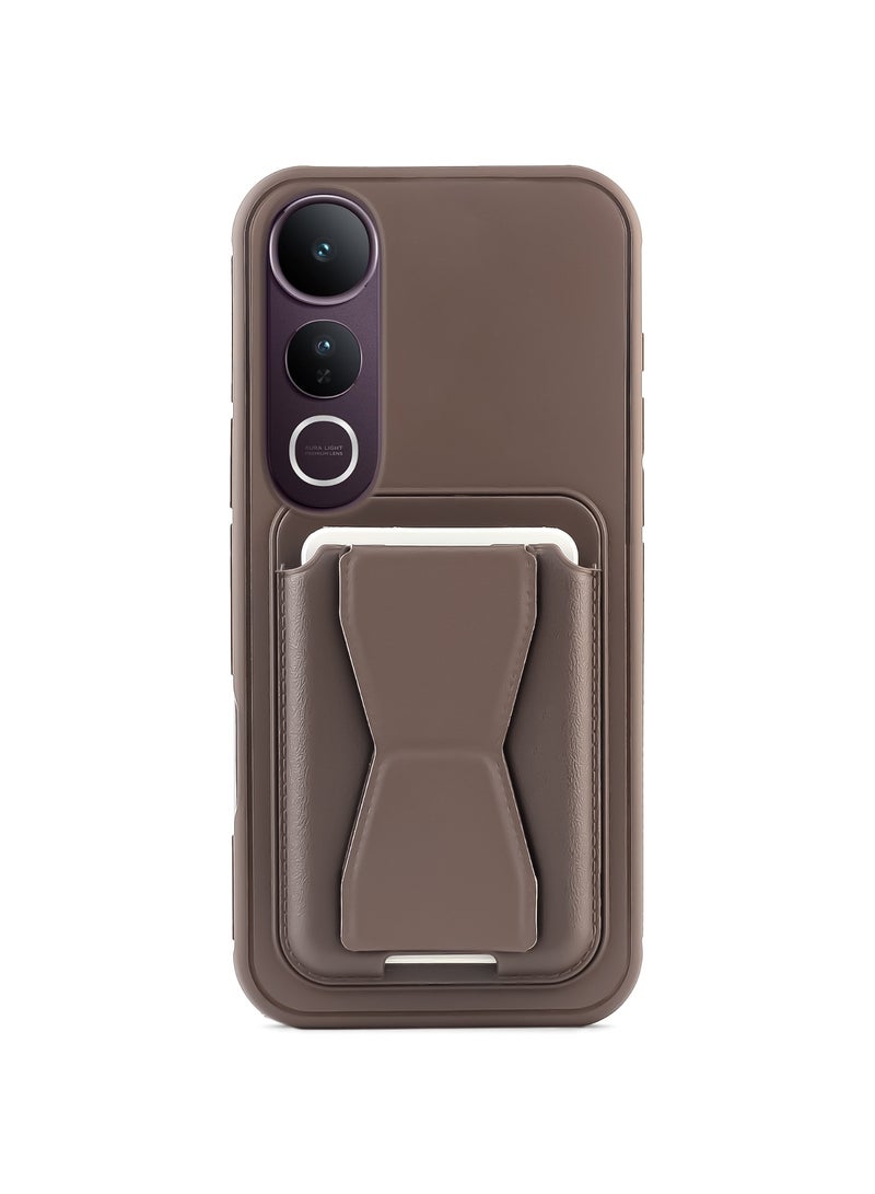 غطاء خلفي من الجلد مع محفظة بطاقات، جراب قابل للطي مقاوم للصدمات متوافق مع هاتف Vivo V50 Lite (بني)