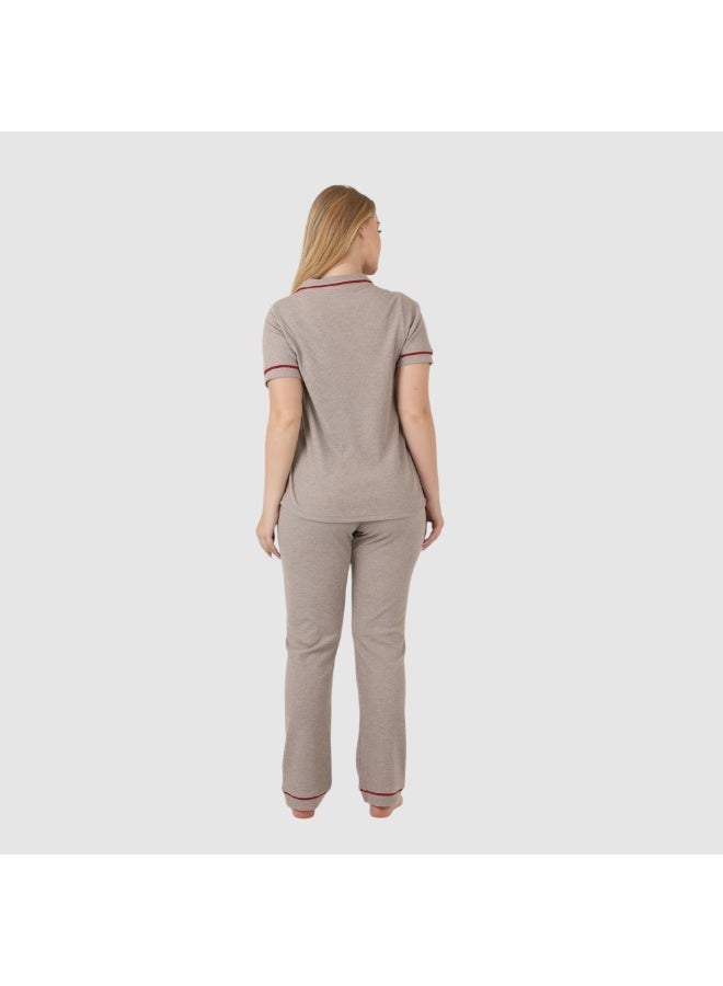 ZECOTEX Premium Cotton Pajama Set - Button-Down Short Sleeve Top & Pants - Classic Loungewear with Piping - Muted Beige / Taupe - Image 5