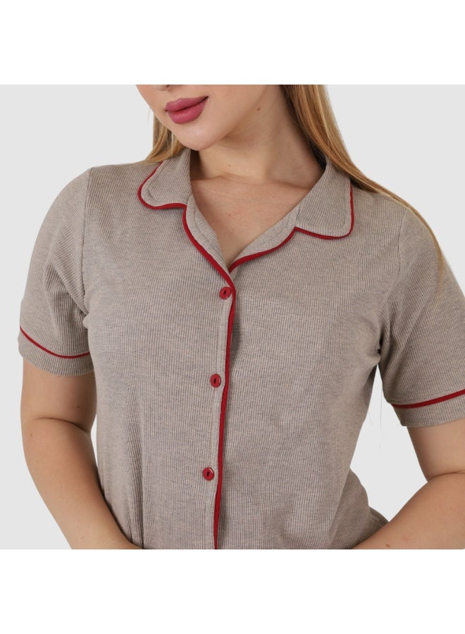 ZECOTEX Premium Cotton Pajama Set - Button-Down Short Sleeve Top & Pants - Classic Loungewear with Piping - Muted Beige / Taupe - Image 4