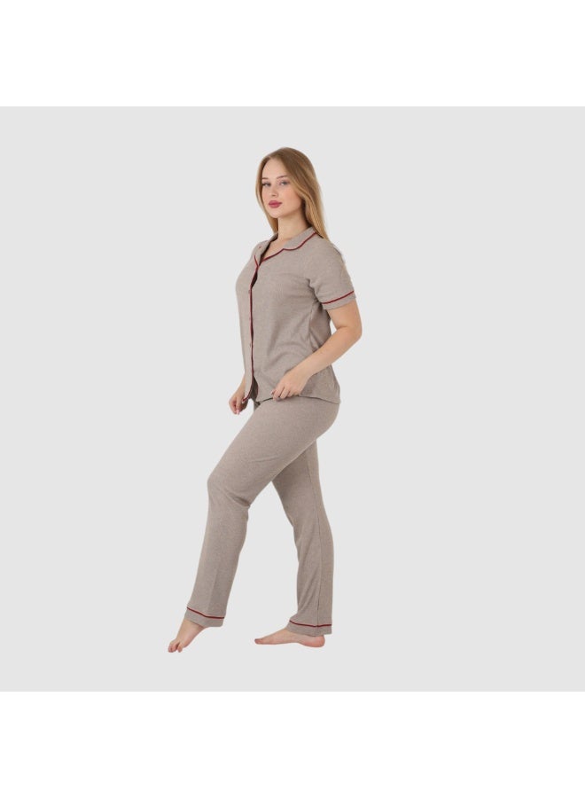 ZECOTEX Premium Cotton Pajama Set - Button-Down Short Sleeve Top & Pants - Classic Loungewear with Piping - Muted Beige / Taupe - Image 2