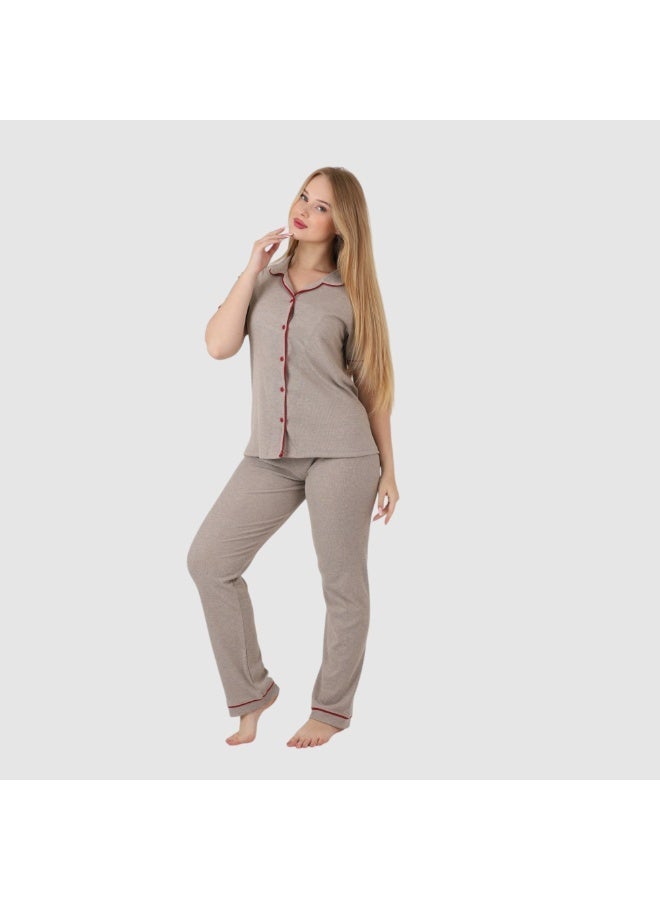 ZECOTEX Premium Cotton Pajama Set - Button-Down Short Sleeve Top & Pants - Classic Loungewear with Piping - Muted Beige / Taupe - Image 1
