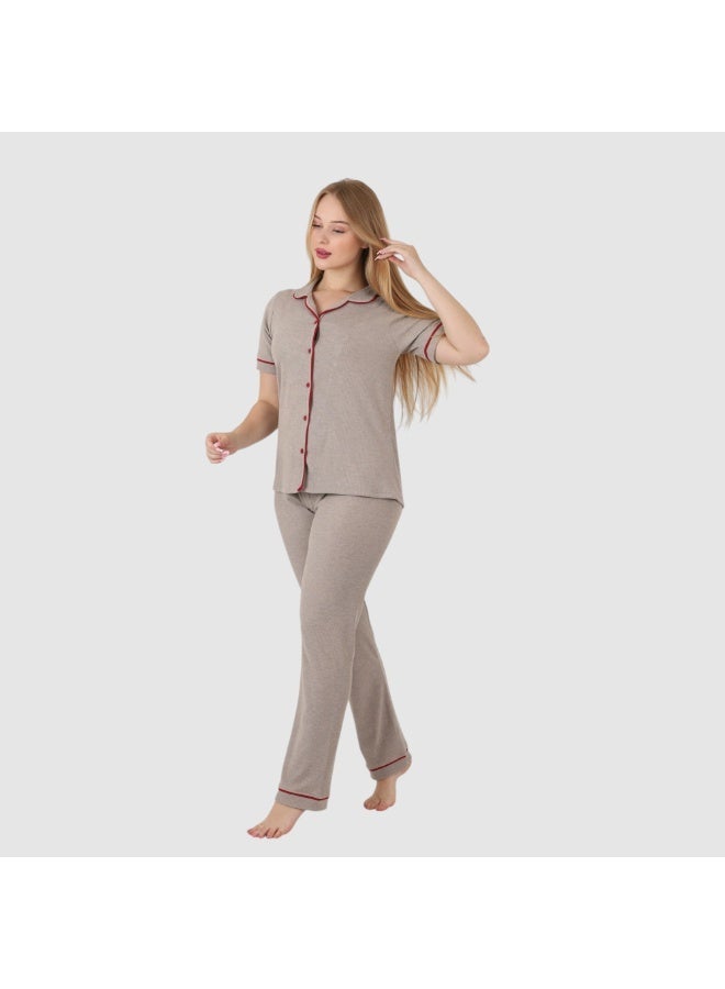 ZECOTEX Premium Cotton Pajama Set - Button-Down Short Sleeve Top & Pants - Classic Loungewear with Piping - Muted Beige / Taupe - Image 3