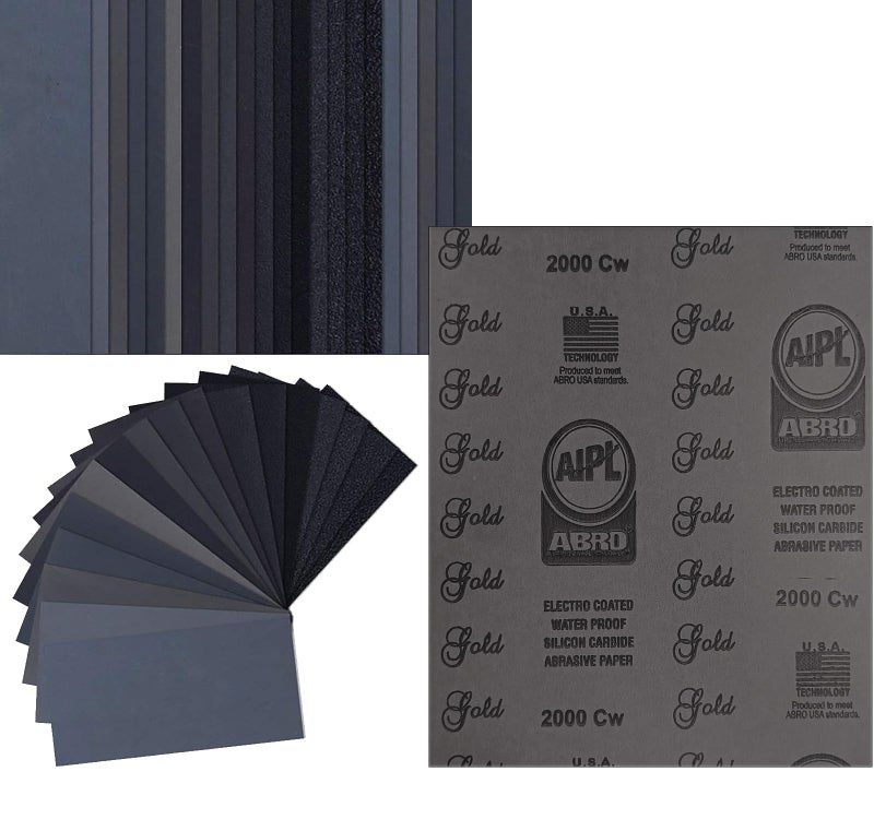 Abro AIPL Premium Latex Wet & Dry Sand Paper Sheets- 80,120,150,220,320,400,600,1000,1200,2000 Grits Variety (2 Each, Total 20) Sanding Automotive, Woodworking, Metal Finishing, Hand Sand Block Sander - Image 1