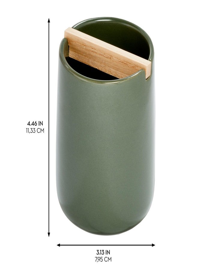 InterDesign iDesign Ceramic Earth Collection Toothbrush Holder with Paulownia Wood Divider, Moss/Natural Wood - Image 2