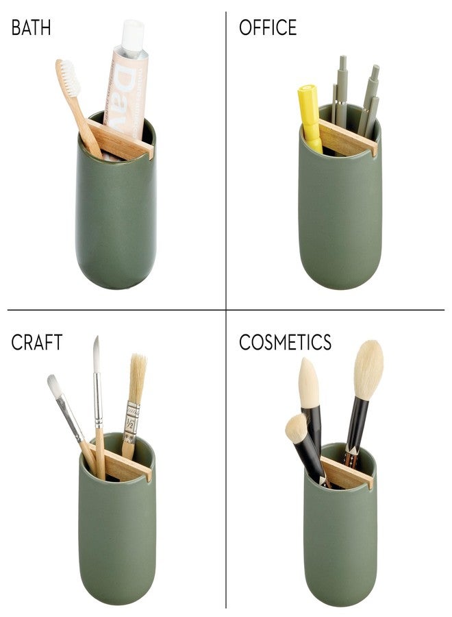 InterDesign iDesign Ceramic Earth Collection Toothbrush Holder with Paulownia Wood Divider, Moss/Natural Wood - Image 3