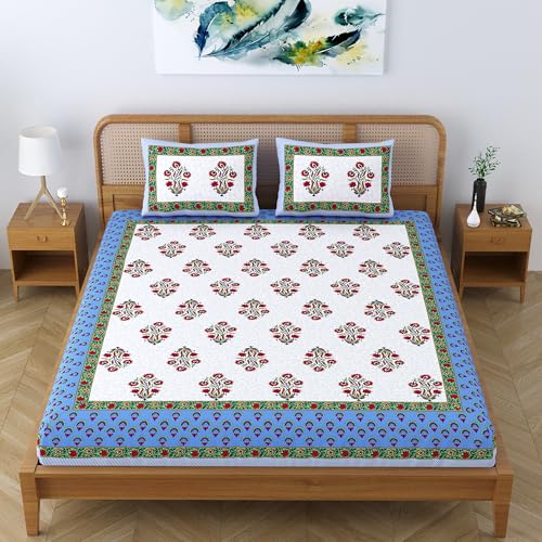 Colorish Cotton Blend Floral Printed Jaipuri King Size Double Bedsheet Set with 2 Pillow Covers - Royal Blue - Image 5