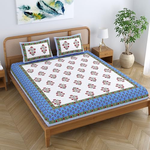 Colorish Cotton Blend Floral Printed Jaipuri King Size Double Bedsheet Set with 2 Pillow Covers - Royal Blue - Image 4