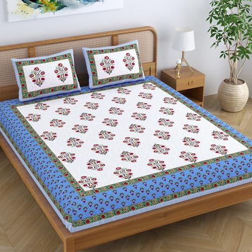 Colorish Cotton Blend Floral Printed Jaipuri King Size Double Bedsheet Set with 2 Pillow Covers - Royal Blue - Image 1