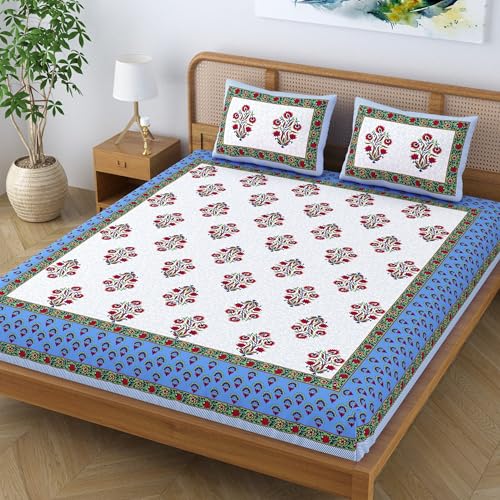 Colorish Cotton Blend Floral Printed Jaipuri King Size Double Bedsheet Set with 2 Pillow Covers - Royal Blue - Image 3
