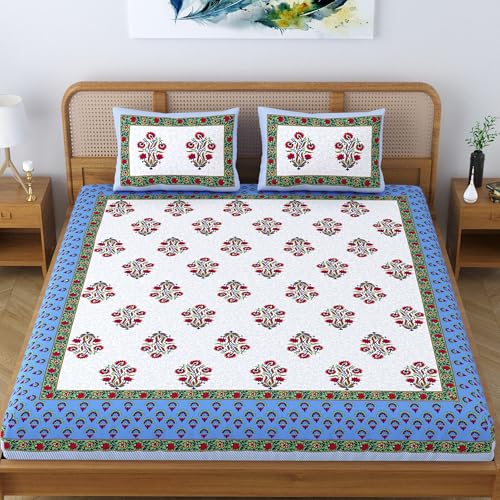 Colorish Cotton Blend Floral Printed Jaipuri King Size Double Bedsheet Set with 2 Pillow Covers - Royal Blue - Image 2