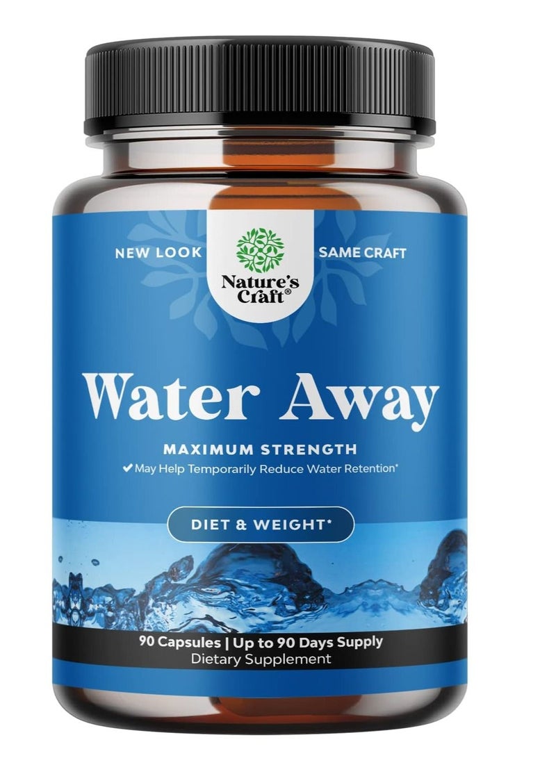 Nature's Craft Water Away Pills Maximum Strength - Herbal Diuretic Pills for Water Retention for Fast Acting Bloating Relief for Women and Men - Easy To Take Water Retention Pills for Women and Men - 90 Servings